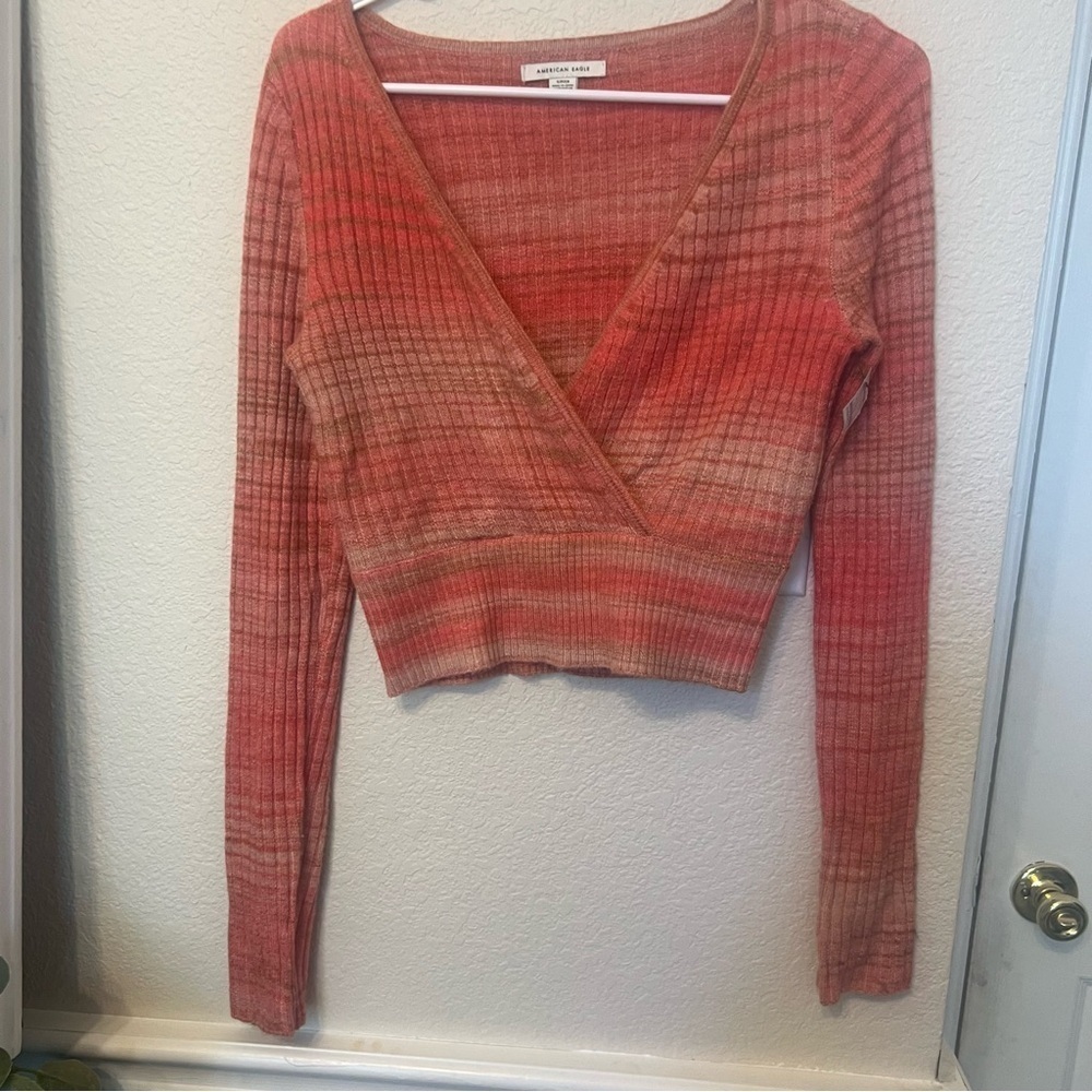 Small   American Eagle Women's Red Space Dyed Faux Wrap
Cropped Sweater - Picture 9 of 11